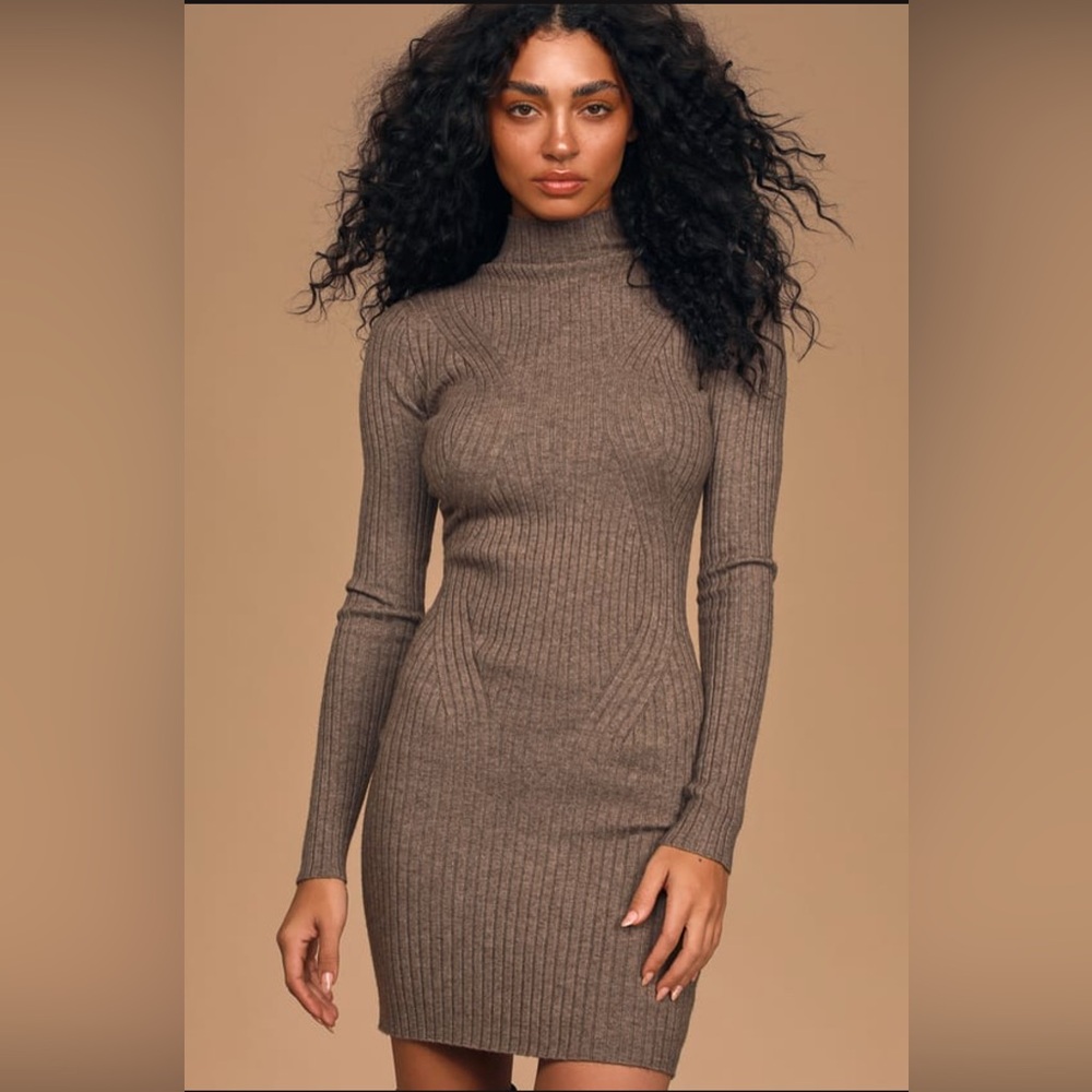 ✨Lulus NWT Heather Taupe Ribbed Mock Neck Sweater Dress 🤎Medium ✨ - Picture 3 of 7